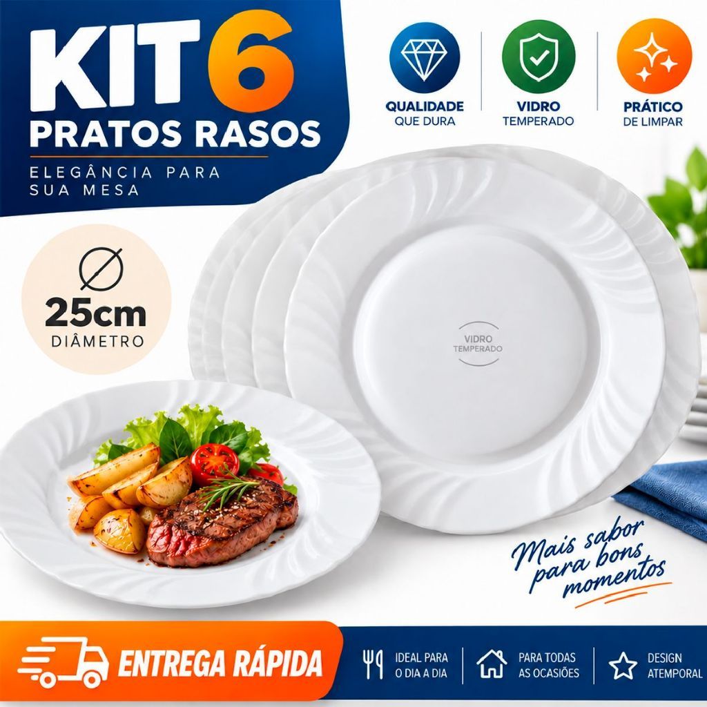 Jogo 6 Pratos Rasos 25cm Vidro Branco Opaline Importado parecido Pétala para Almoço Hotel Restaurante