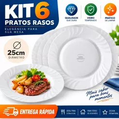 Jogo 6 Pratos Rasos 25cm Vidro Branco Opaline Importado parecido Pétala para Almoço Hotel Restaurante