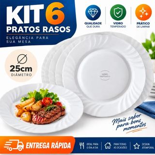 Jogo 6 Pratos Rasos 25cm Vidro Branco Opaline Importado parecido Pétala para Almoço Hotel Restaurante