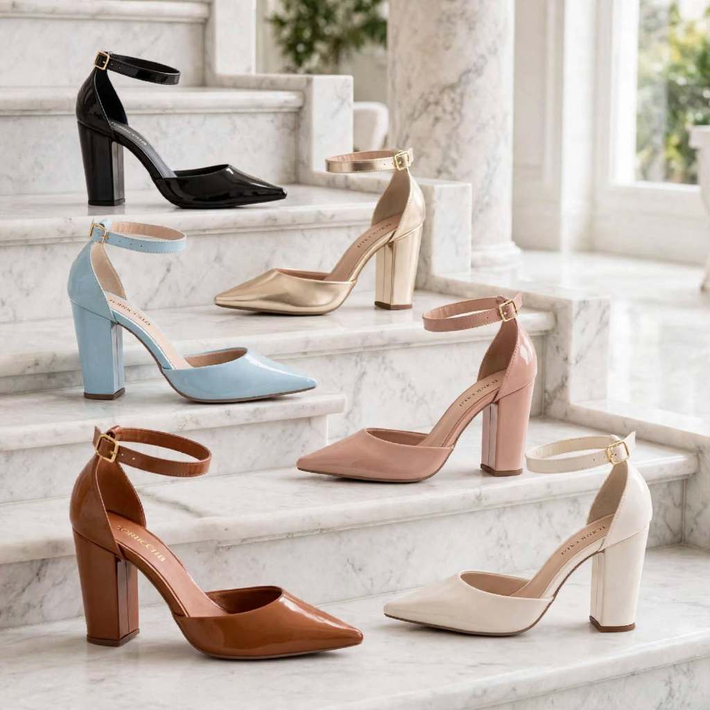 Sapato Scarpin Feminino Salto Alto Fino 9cm Bico Fino Fivela Dourada Verniz Metalizado Preto Ouro Confortavel Festa
