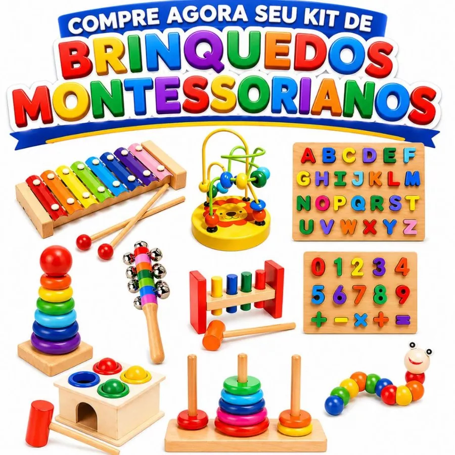 Kit  Brinquedos Montessori de Madeira Torre de Encaixe Xilofone Sensorial Didático Alfabeto