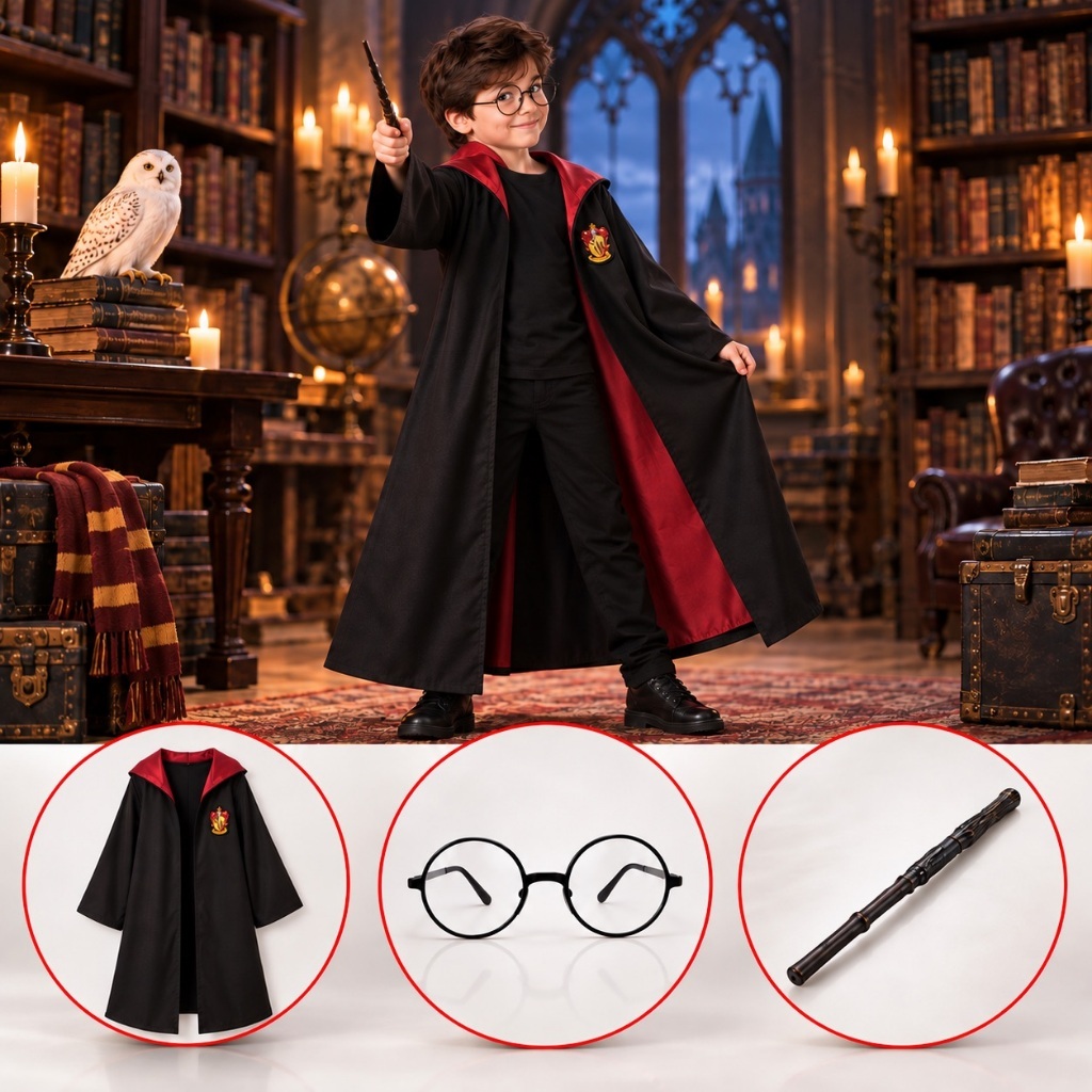 Fantasia Capa Harry Potter Infantil + Acessórios Grifinória Hermione Festa Carnaval Cosplay Halloween Luxo