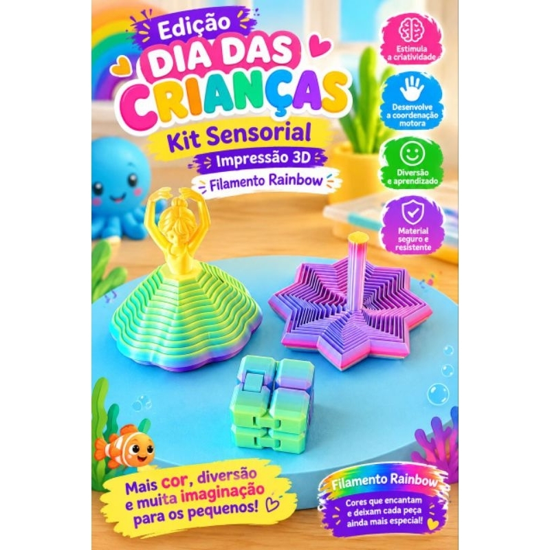 kit sensorial,kit sensorial 3D,impressão 3D,filamento Rainbow  sensorial,  educativo, Dia das Crianças