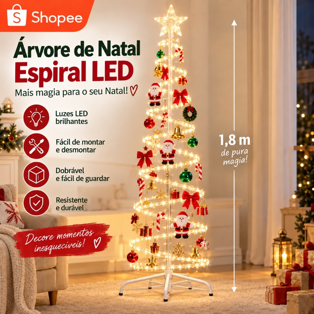 Árvore de Natal Espiral LED 1,8m Dobrável com Papai Noel bengala sinos dourados e enfeites-N10
