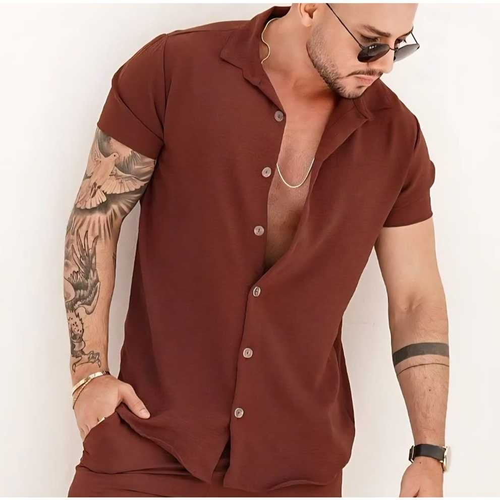Camisa Blusa Social Masculina Manga Curta Tecido Duna