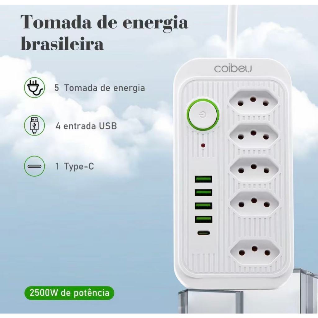 Régua Filtro de Linha Extensão Elétrica, 5 Tomadas, 4 USB + 1 USB-C, 2500W Bivolt 110V/220V, Cabo de 2 Metros