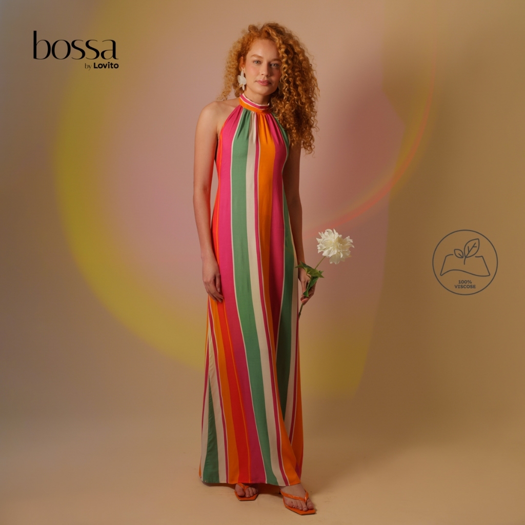 Lovito Bossa Vestido Feminino Longo Viscose Frente Única Estampa Listrado Colorido DRB1048BRL1078