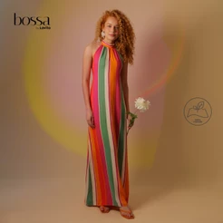 Lovito Bossa Vestido Feminino Longo Viscose Frente Única Estampa Listrado Colorido DRB1048BRL1078