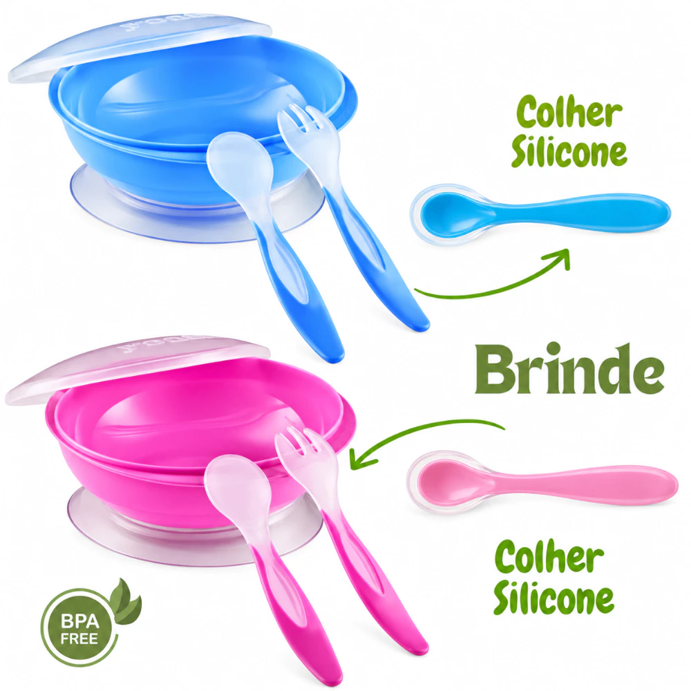 Kit Pratinho Para Bebe Kit Refeição Prato + Talheres + Tampa + Ventosa + Colher Silicone