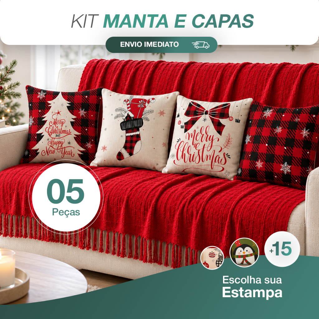 Kit Manta Decorativa P + 4 Capas de Almofadas Natalinas Estampa Digital Decoração Natal