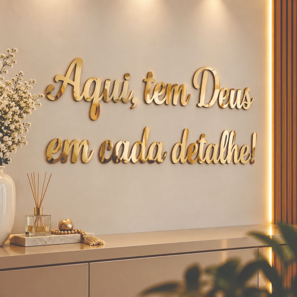 Espelho Decorativo Frase Aqui Tem Deus Em Cada Detalhe Acrilico Espelhado Premium