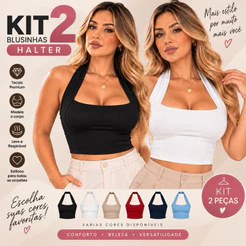 Kit 2 Blusa Regata Feminina Halter Efeito Silicone Modeladora Frente Unica Casual Verão Tendencia