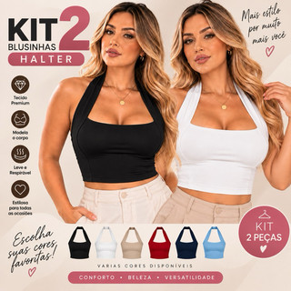 Kit 2 Blusa Regata Feminina Halter Efeito Silicone Modeladora Frente Unica Casual Verão T…