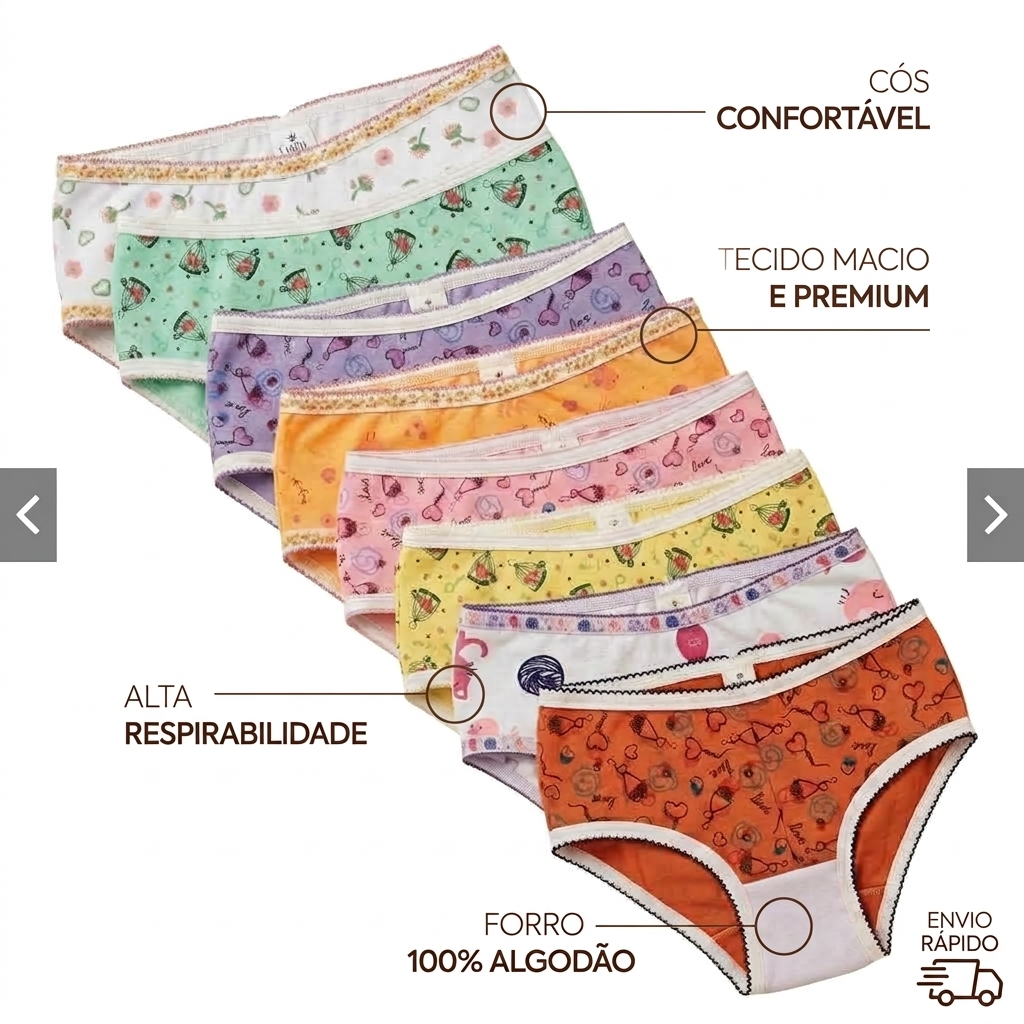 Kit 10 Calcinhas Infantil Menina Algodão Macio P ao GG Estampadas Sortidas