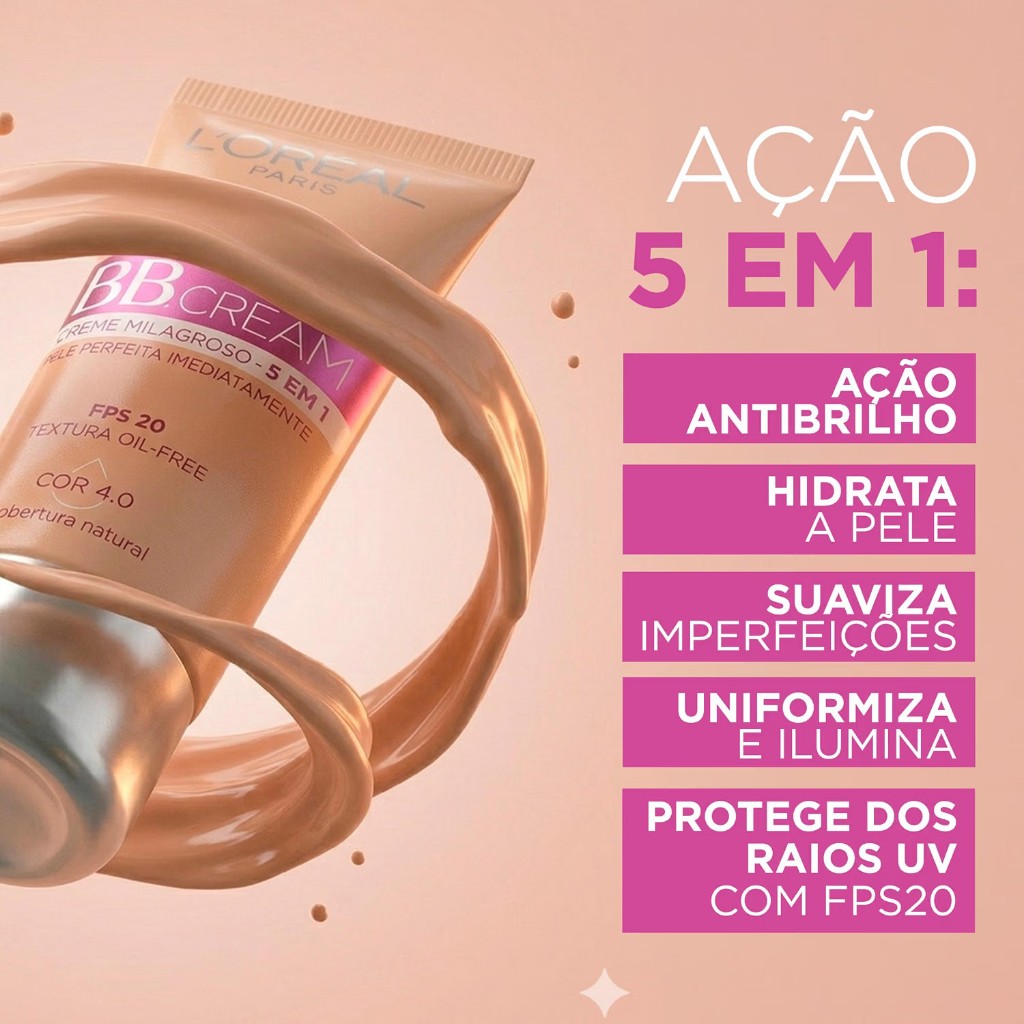 BB Cream Creme Milagroso 5 em 1 - Cor 4.0 (Media) - FPS 20 - Loréal Paris — imagem 2 de 2