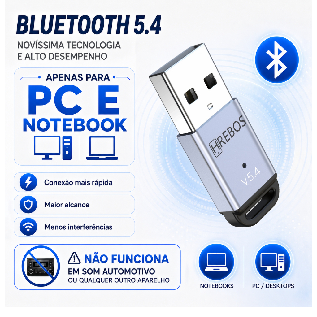 HREBOS Mini receptor Bluetooth 5.4 HREBOS metal durável plug and play sem instalação Alta velocidade de transmissão.