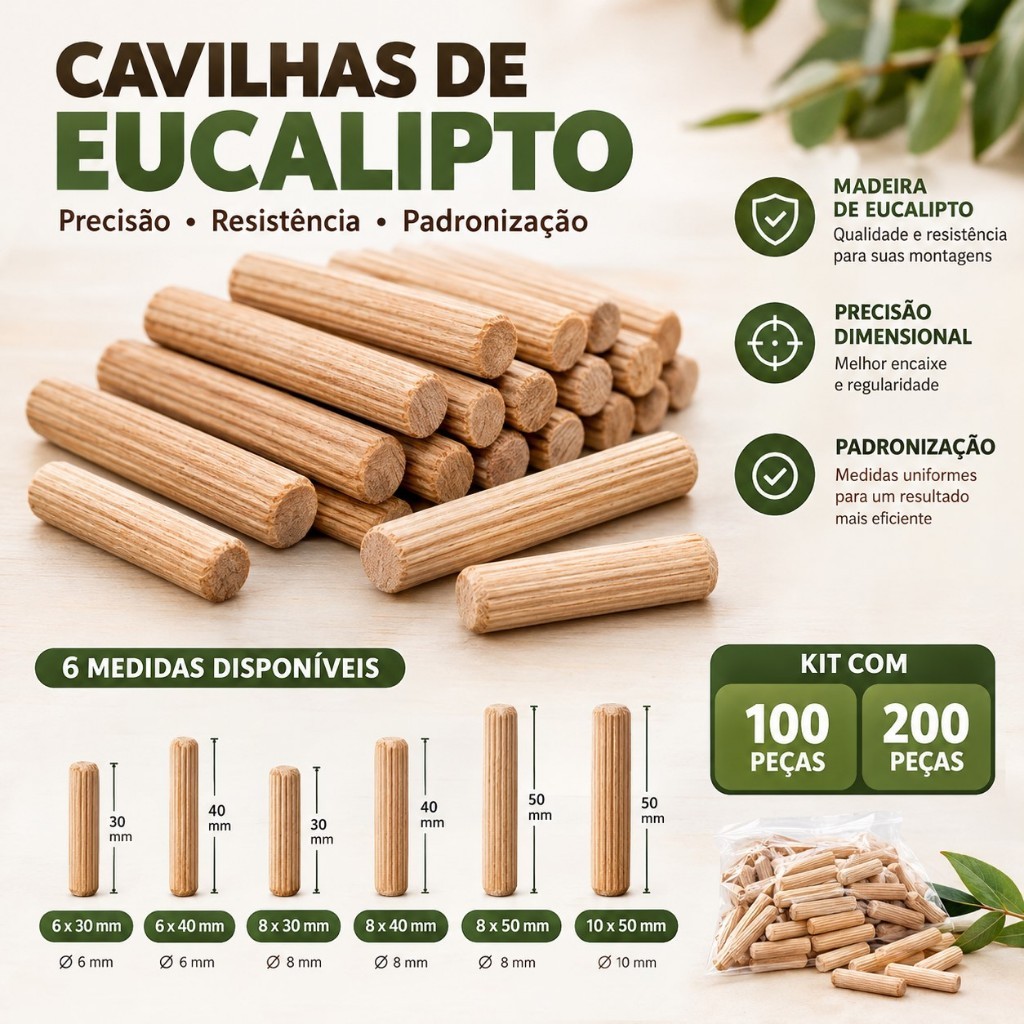 Cavilha de Madeira Eucalipto 6x30 6x40 8x30 8x40 8x50 10x50 - Kit 100 ou 200 Peças
