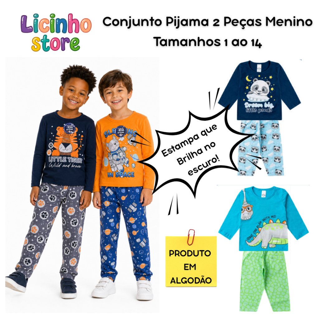 Pijama Infantil Menino - 2 Peças - Inverno - Tam. 1 ao 14 - 1 Conjunto= 1 Camiseta+1 Calça - Sortido