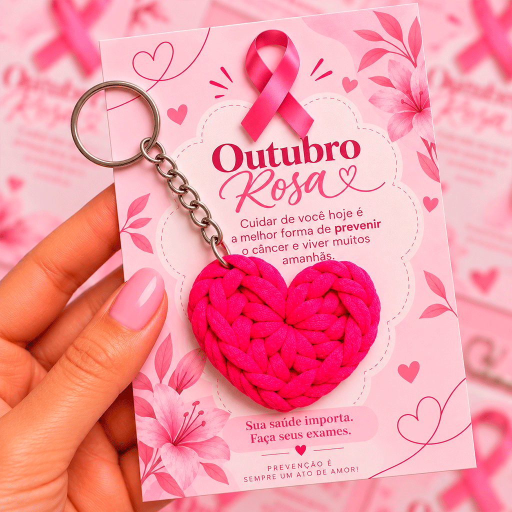 Chaveiro Crochê Outubro Rosa Lembrancinha Mulher Personalizada com TAG Coração feito com fio de malha — imagem 2 de 2