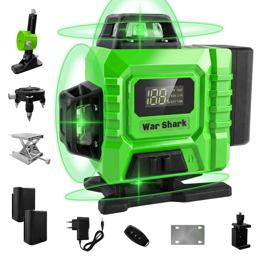 War Shark Nível Laser 16 Linhas Profissional  Verde Nível 360° Auto-Nivelante 4D+ 40m + 4000mAh