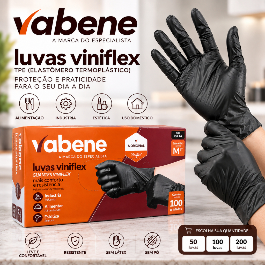 Luvas descartáveis pretas viniflex sem pó P M G GG Vabene TPE - 50 / 100 / 200 unidades