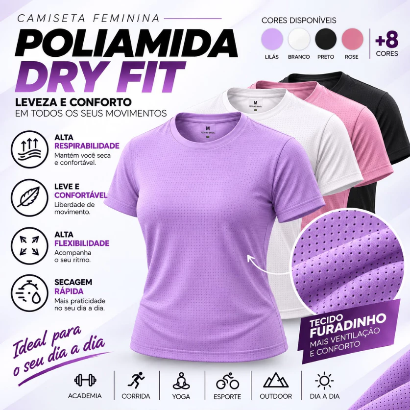 Camiseta Feminina  Dry Fit em Poliamida Tecido Gelado Furadinho Leve Uso Casual Academia Fitness — imagem 1