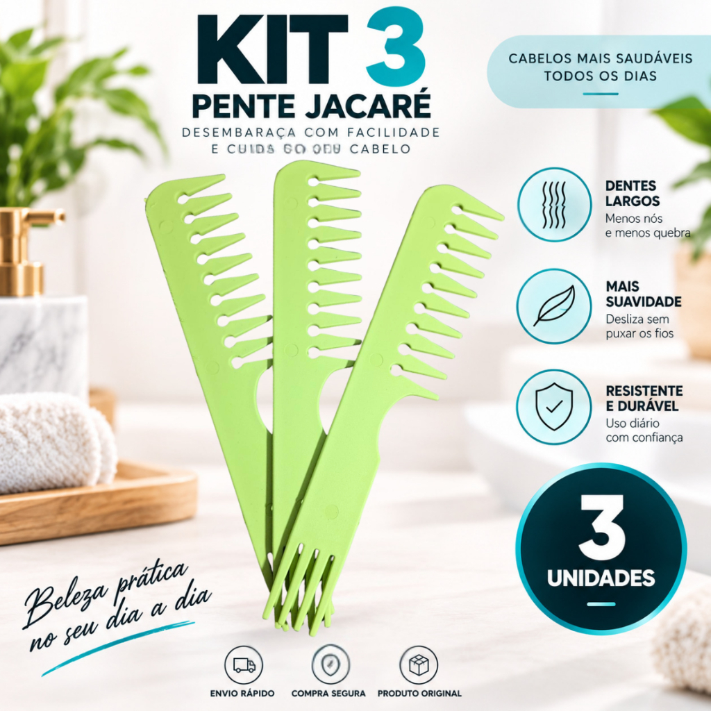 KIT 3 Pentes Jacaré Cabelo Corte Blindado Uso Domestico e Profissional Resistente Desembaraça