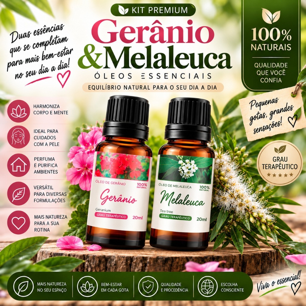KIT 2 ÓLEOS -  GERÂNIO + MELALEUCA 20 ML CADA | 🔥DUPLA MAIS VENDIDA | ESSENCIAL | 100% NATURAL | GRAU TERAPÊUTICO 🌺
