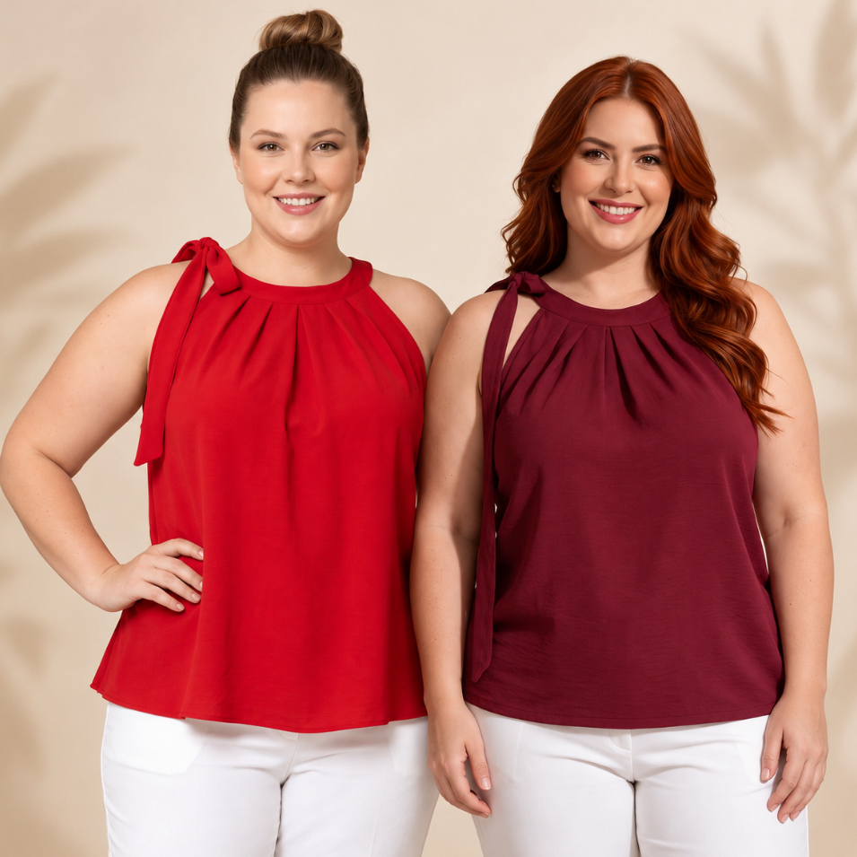 Regata Plus Size Feminina com Laço no Ombro Tecido Duna Elegante Casual Chic