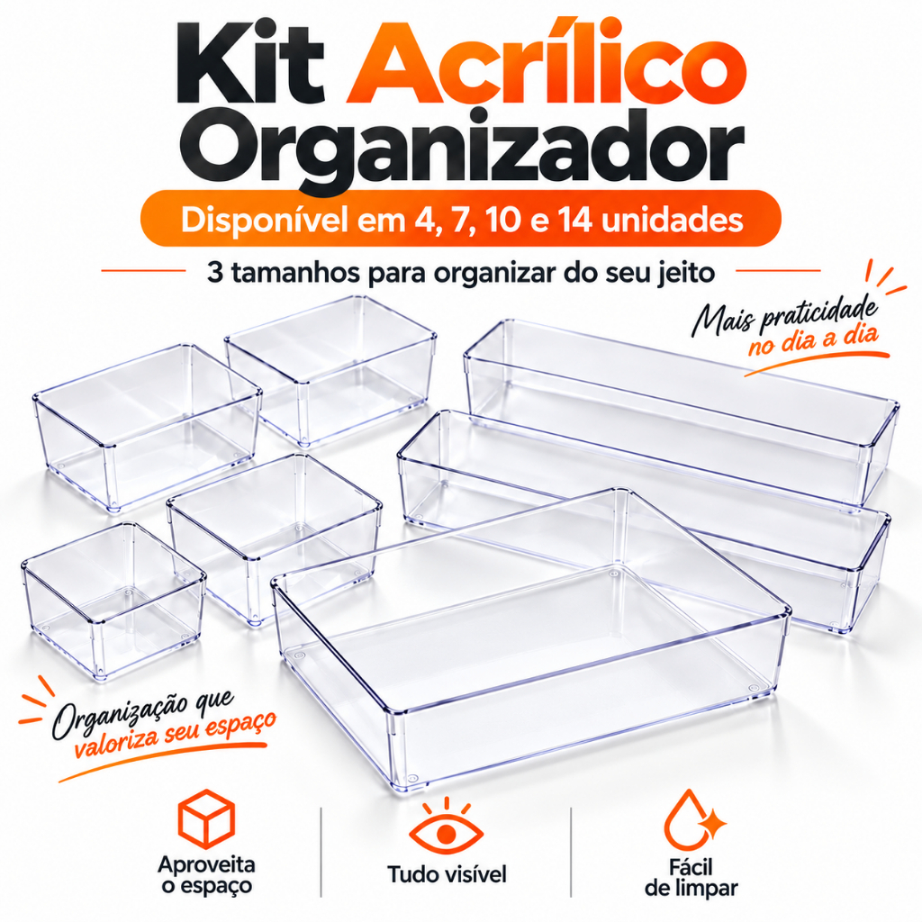 Kit Organizador Acrílico Gaveta Multiuso Modular Cristal Transparente Geladeira Maquiagem Armário