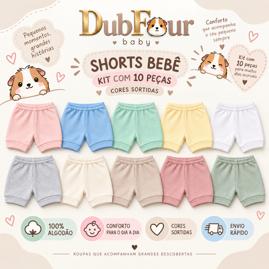 Kit 10 Shorts De Bebê tapa fralda Menina Menino Unissex Infantil  Cores Lisas enxoval