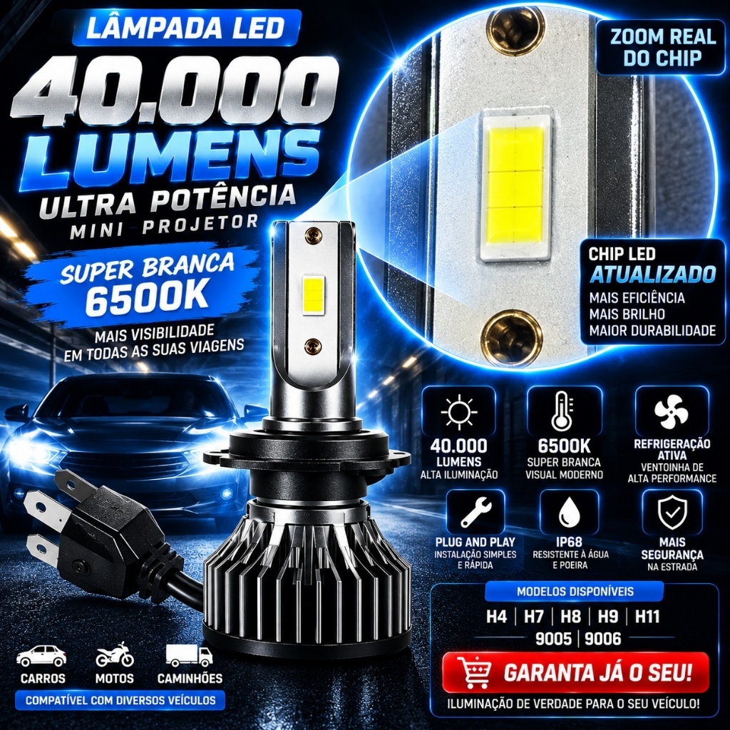 Par Lâmpada Farol LED 40.000 Lumens Ultra Potente 6500K Super BrancaH1 H3 H4 H7 H8 H9 H11 9005 9006 H16 H27