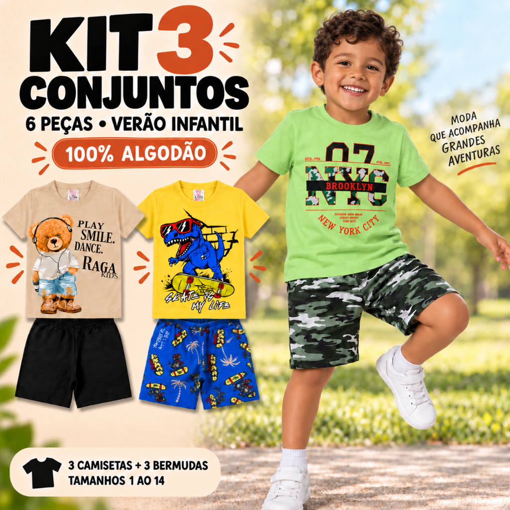 Kit 3 Conjuntos Menino Infantil Verão – 3 Camisetas + 3 Bermudas Masculinas Sortidas | Tam. 1 ao 14