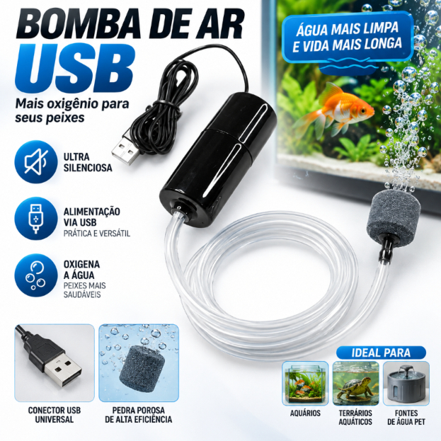 Bomba De Oxigênio/Ar Compressor Filtro USB Portátil Para Aquario De Peixes 12v Silencioso
