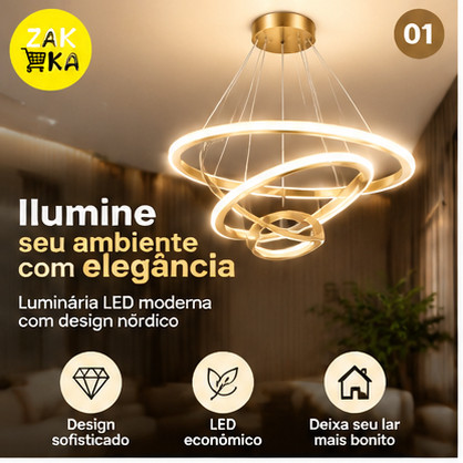 "Luminária Pendente LED 3 Anéis Moderna - Decoração Elegante para Sala e Quarto