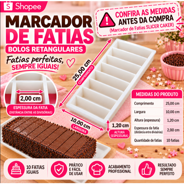 🍰 Marcador de Fatias para Bolos Retangulares — 10 Fatias (SLICER CAKE) CONFIRA AS MEDIDASS