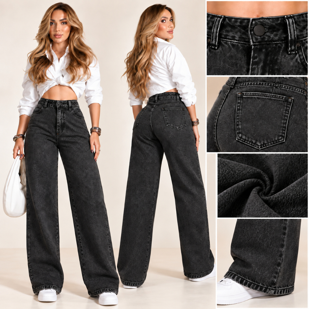 Calça Jeans Feminina Wide Leg Preta Marmorizada Cintura Alta 100% Algodão Sem Elastano Pantalona