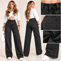 Calça Jeans Feminina Wide Leg Preta Marmorizada Cintura Alta 100% Algodão Sem Elastano Pantalona
