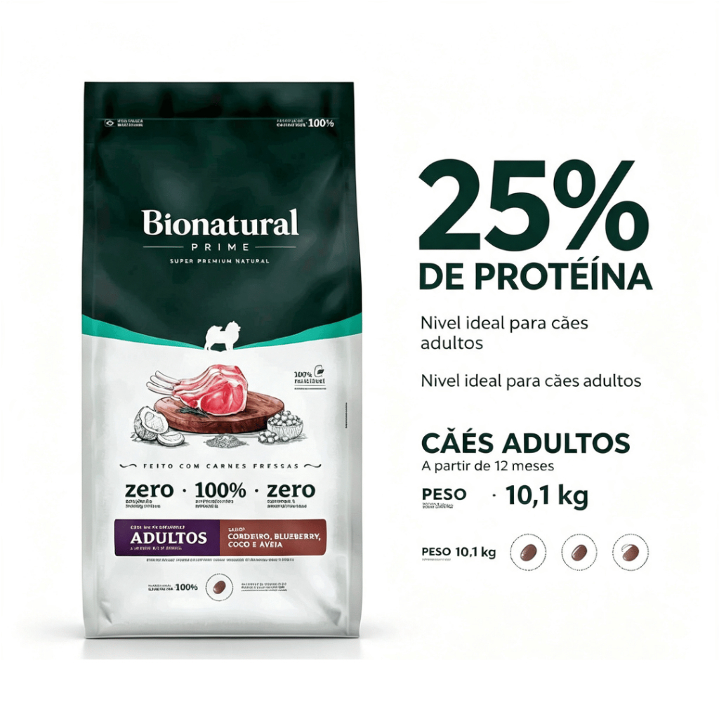 Ração bionatural Prime Cordeiro Blueberry Coco Aveia para Cães Adultos Raças Pequenas 10KG/15KG