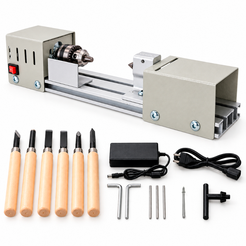 Mini Torno Mecânico Madeira 96W 4000-9000 RPM Bancada Titanium Platina
