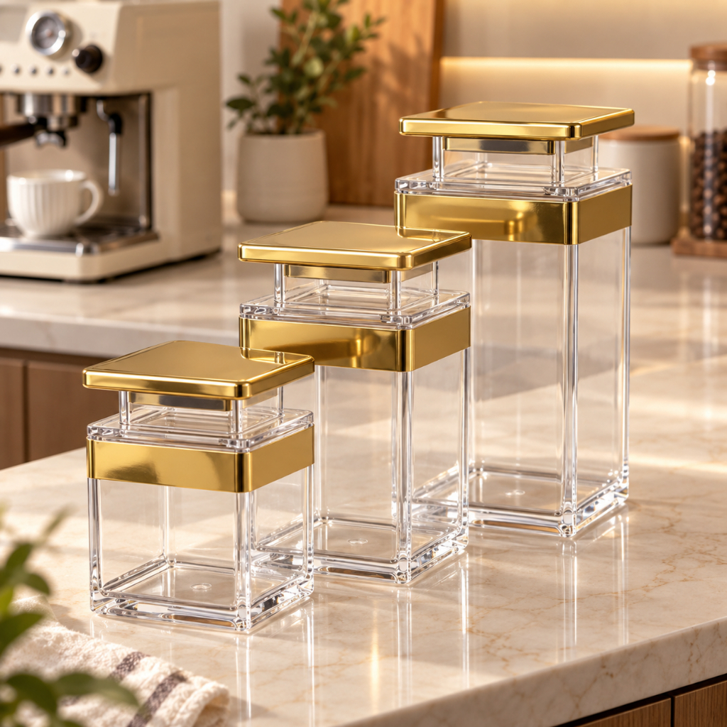 Pote Hermético Acrílico Premium com Tampa Dourada Organizador para Cozinha P M G