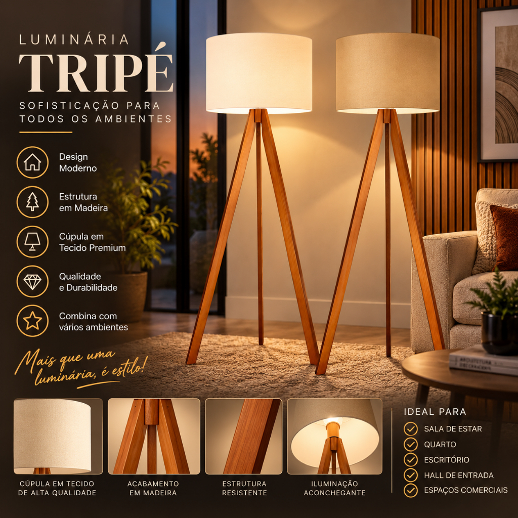 Abajur De Chão Tripé 1,50 Cm Completo Com Cúpula E Fiação Luminária De Piso Para Sala, Quarto