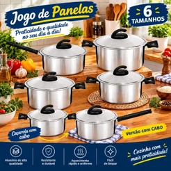Jogo de Panelas Alumínio 6 Tamanhos com Tampa e Cabo – Kit Panelas para Cozinha - CRIATIVA