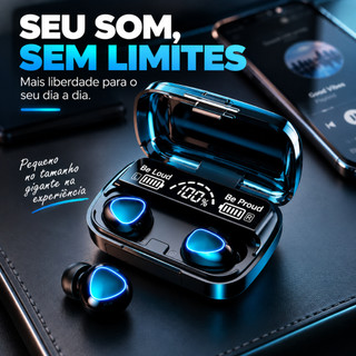 Fone Bluetooth M10 TWS 5.1 Sem Fio com Display LED Touch Microfone Case Power Bank 2000mAh Gamer