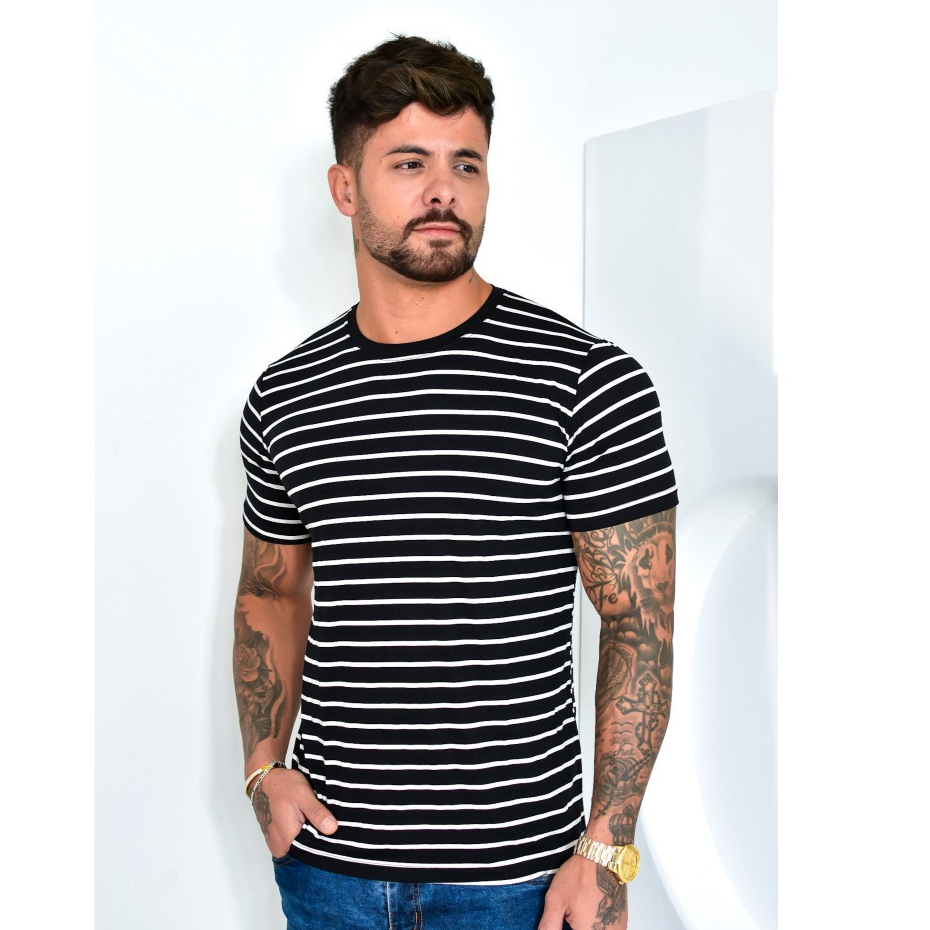 Camiseta Masculina Casual Listrada Malha Com Elastano - Leve e Confortável