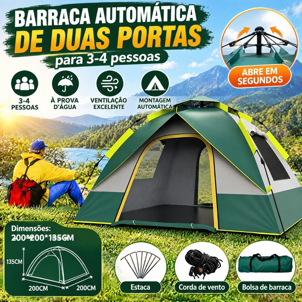 Barraca de Camping 3-4 Pessoas Prova d'água Barraca Acampamento Automático 200×200×135cm Praia Piquenique