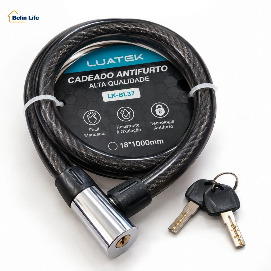 Cadeado Tranca Bike Bicicleta Cabo De Aço Flexível 18mm x 1 Metro Luatek LK-BL37 + 2 Chaves