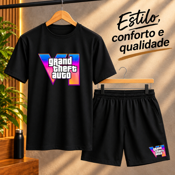 Camisa e Short Masculino Gta 6 Kit Camiseta + Bermuda Estampa Grand Theft Auto VI Lançamento Gamer