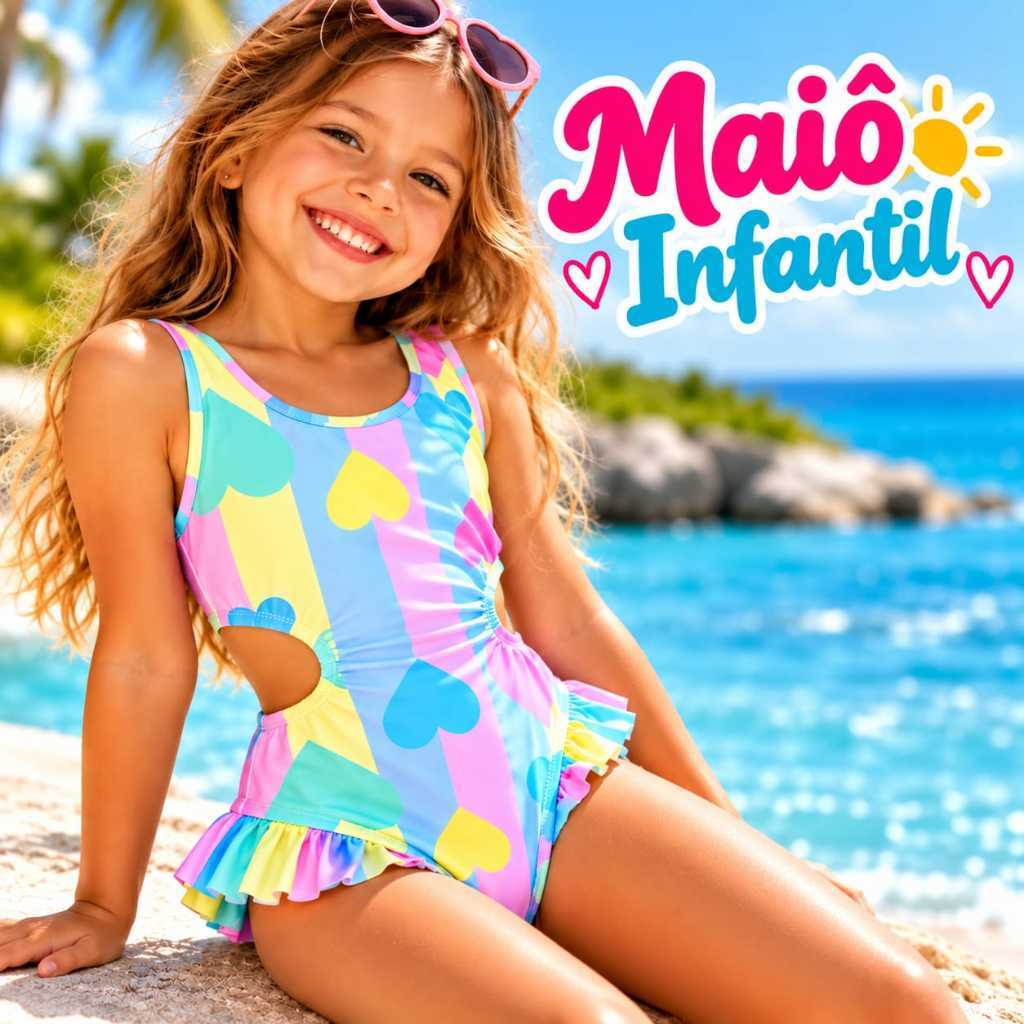 Maiô Infantil Feminino Proteção UV Verão Moda Praia Menina Bebê Piscina Natação Estampado Secagem Rápida Tam 1 a 10 anos
