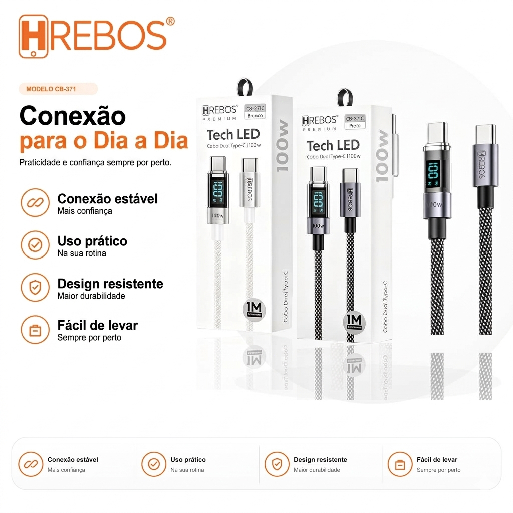 Cabo HREBOS USB-C 100W com Display LED, Carregamento Rápido Turbo, para Celular, Tablet e Notebook, Cabo Tipo-C Premium
